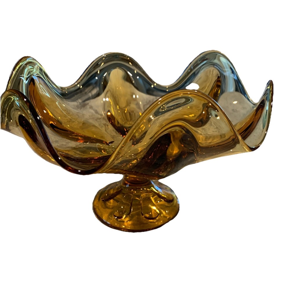 Vtg AMBER VIKING 9-1/2"  PEDESTAL BOWL AMERICAN GLASS‎ HEXAGON STRETCH